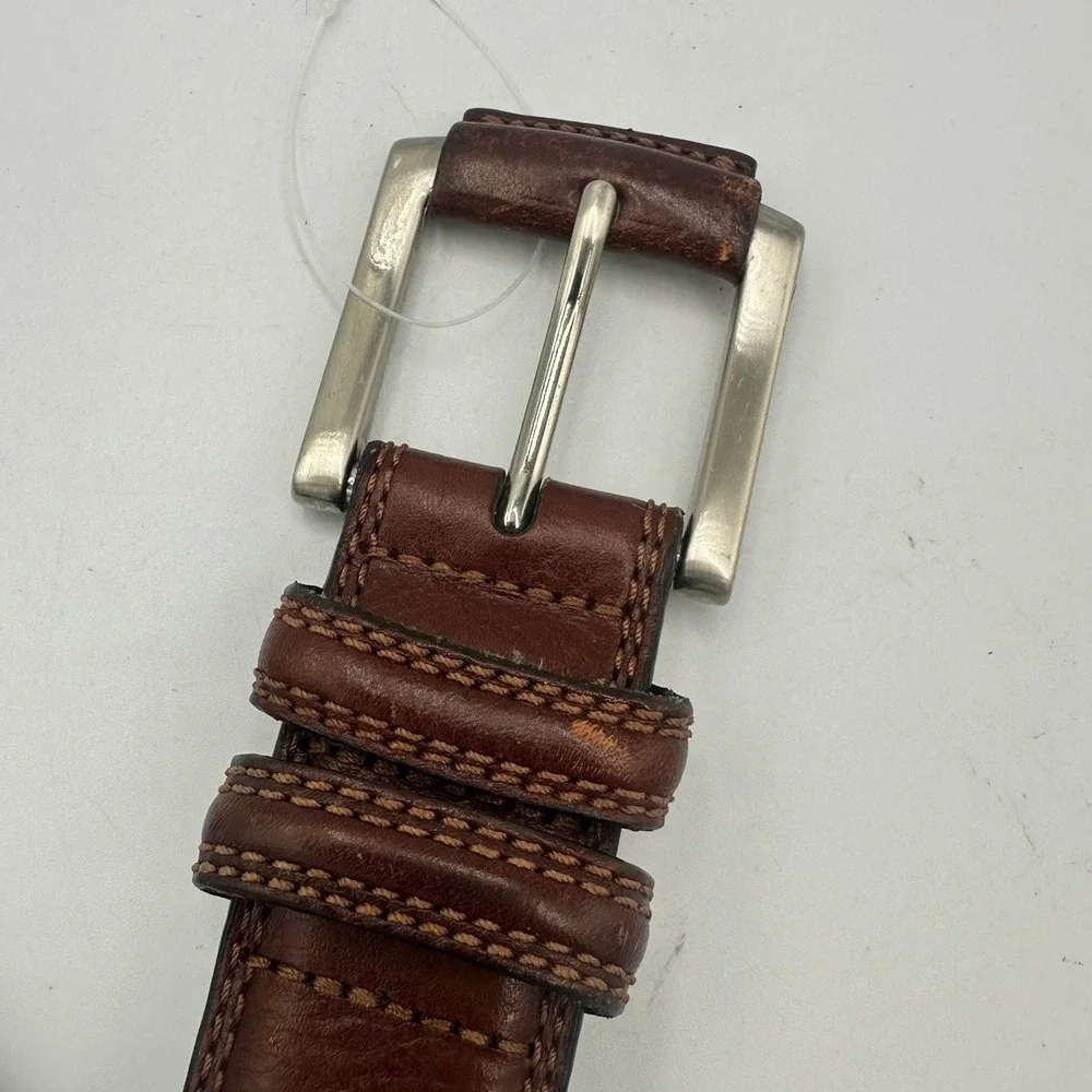 Full Grain Cowhide Leather Belt Mens Size 50 Brown Silver Buckle Classic Dress